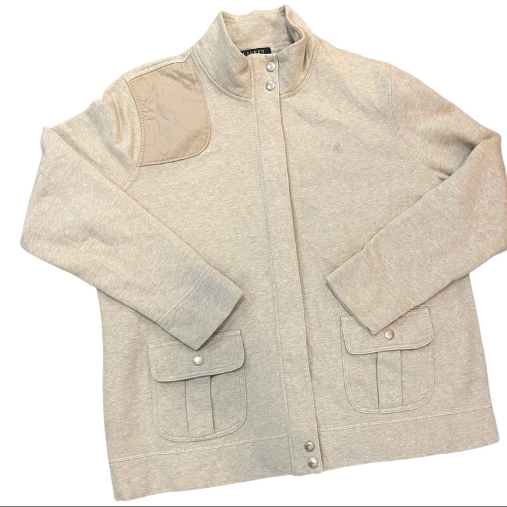 Preppy Button& Zip Sweatshirt Jacket with Patch Shoulder Size 2XL / Lauren RL